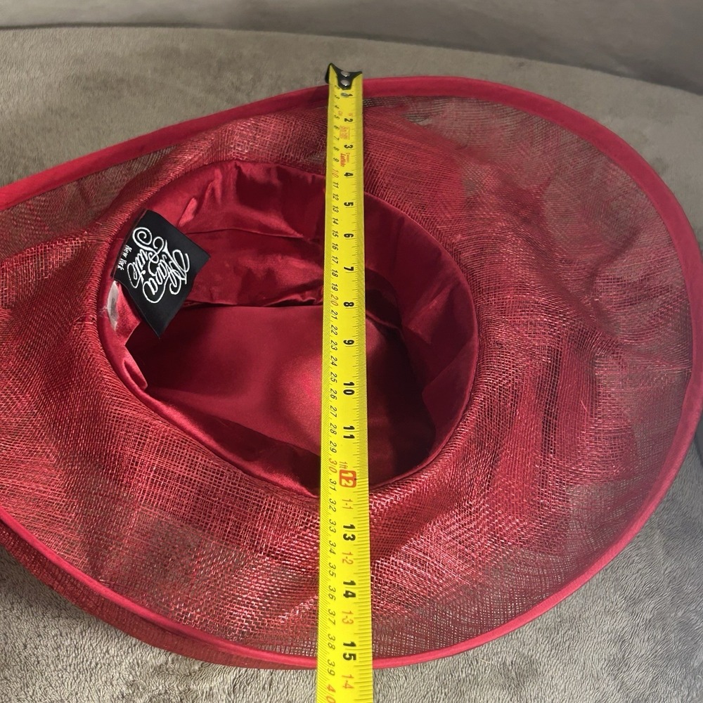 Plaza Suite NY Red Sinamay Derby Church Hat Feather Red Hat Society OS - Picture 6 of 10
